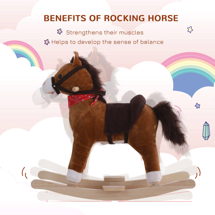Qaba Kids Plush Ride On Rocking Horse Child Animal Adventure Rocker Chair Playtime Toy with Sound Scarf Included Red Brown