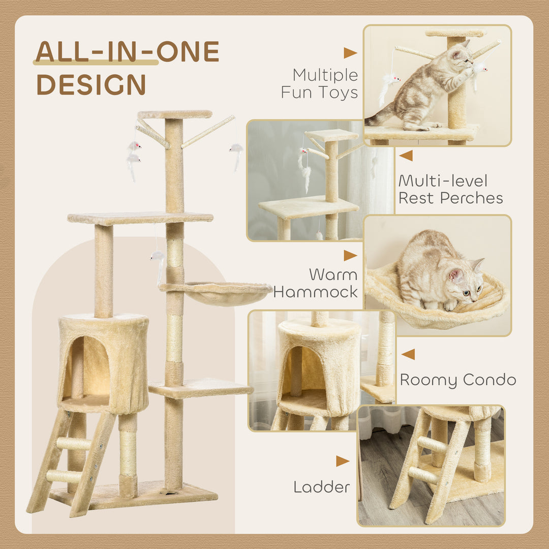 PawHut 53" Cat Tree Tower, Kitten Activity Centre with Scratching Posts, Condo, Perches, Ladder, Hammock, Dangling Toys, Beige