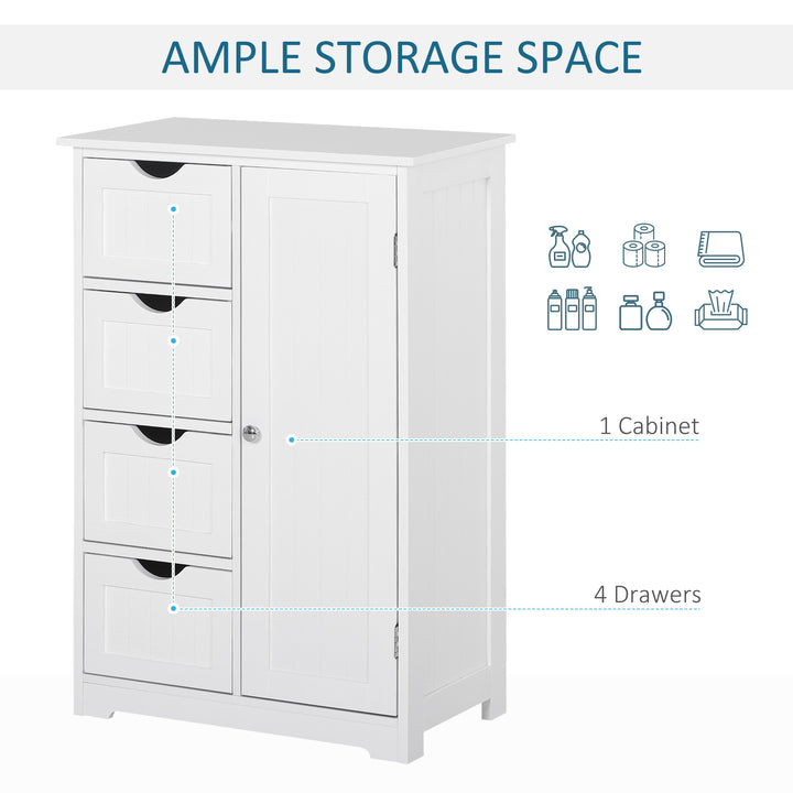 kleankin Bathroom Storage Cabinet, Floor Cabinet with Adjustable Shelf and 4 Drawers, Side Cabinet for Washroom, White