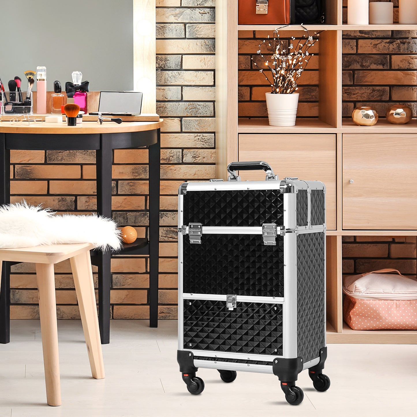 HOMCOM Portable Aluminum Makeup Train Cases, Rolling Makeup Case, Salon Beauty Cosmetic Jewelry Organizer Trolley with 4 Wheels, Pink