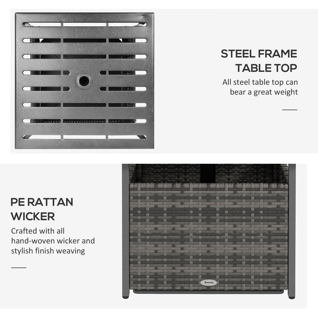 Outsunny 21.75" Outdoor Rattan Wicker Patio Coffee Table with Umbrella Hole, Patio Side Table with Slatted Metal Top, Brown