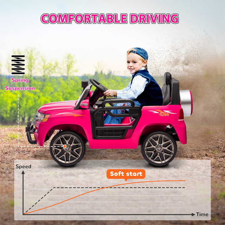 Qaba 12V Toyota LAND CRUISER Licensed Kids Car w Remote Control, Four Wheel Spring Suspension, Soft Start, LED Light, Pink