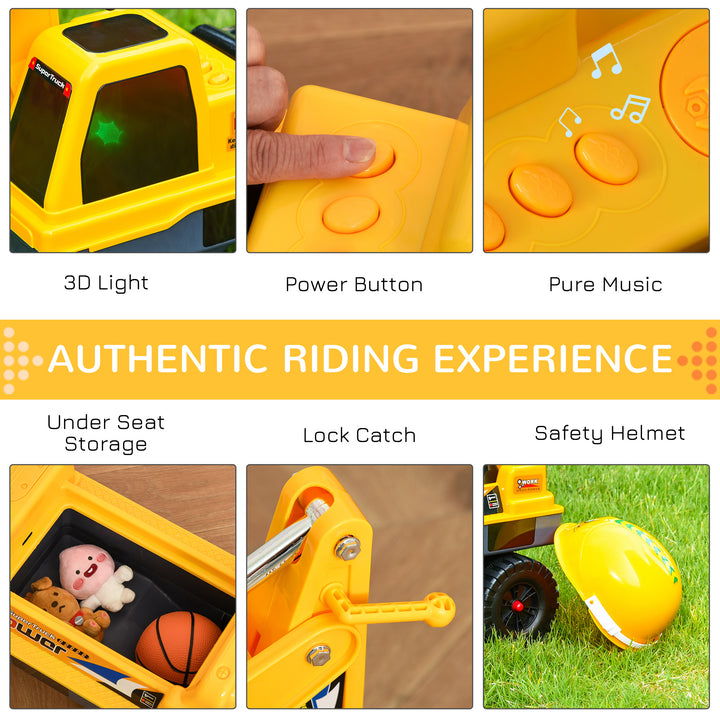 Qaba No Power Ride On Excavator Construction Digger Multi-Functional Truck Toy with 2 in 1 Design Detachable Digging Bucket and Grab Bucket, Music, Light, Yellow