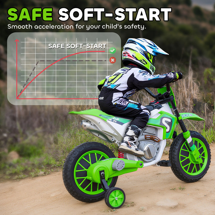 Aosom Kids Dirt Bike Battery-Powered Ride-On Electric Motorcycle with Charging 12V Battery, Training Wheels Green