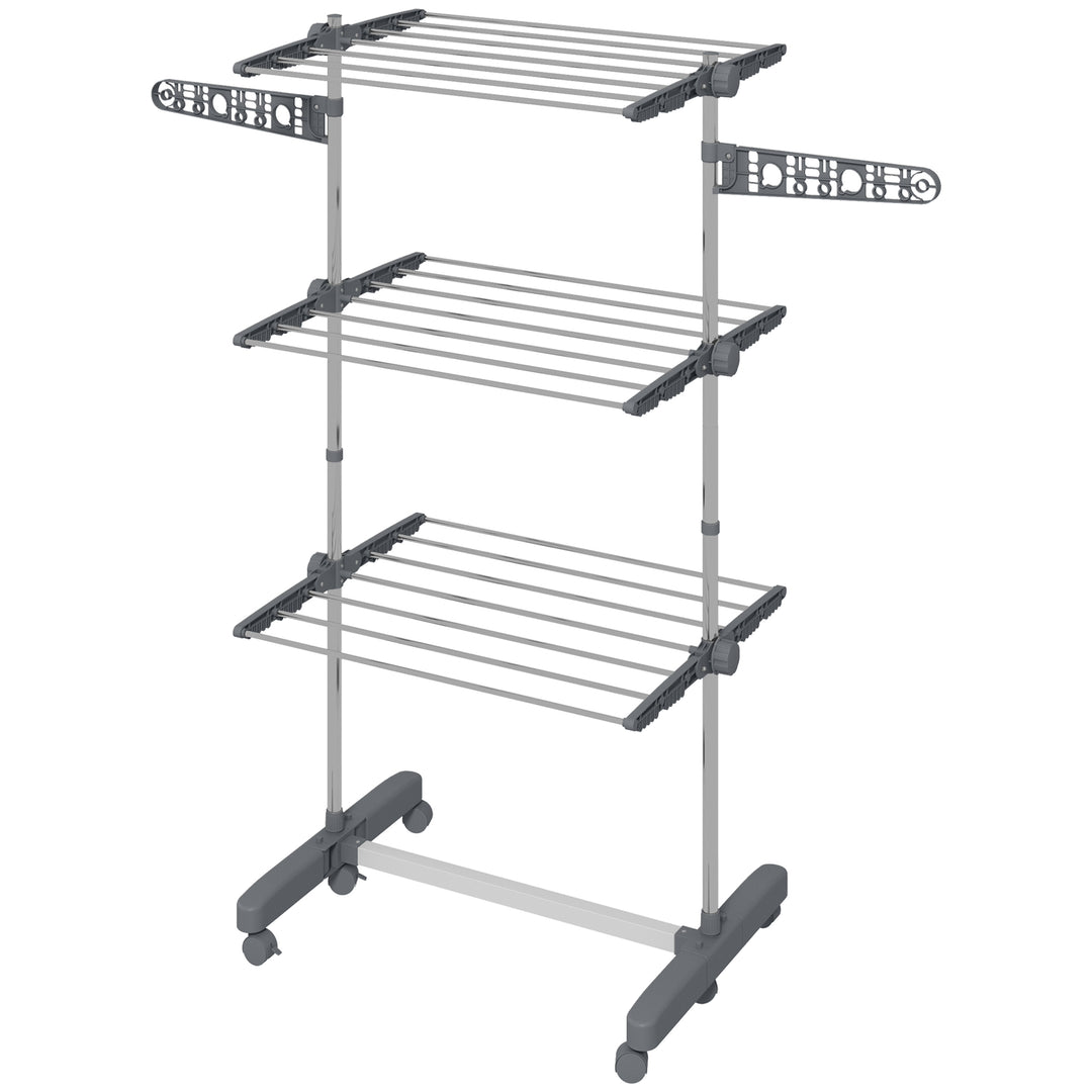 HOMCOM 3-Tier Foldable Clothes Drying Rack, Stainless Steel Laundry Rack with 2 Side Wings and 6 Castors, Collapsible Adjustable Clothes Airer for Indoor Outdoor, Grey