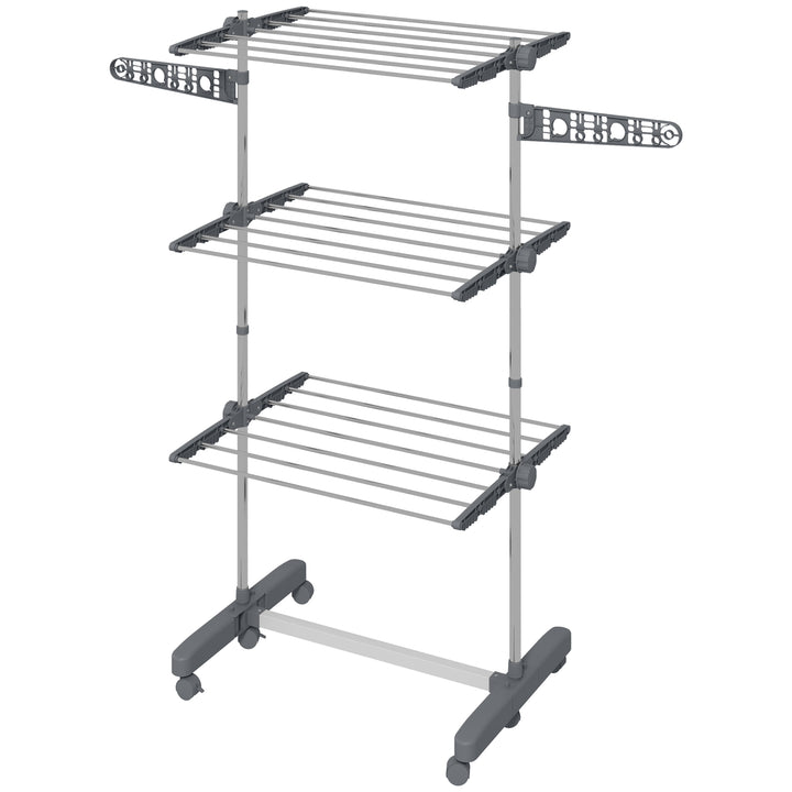 HOMCOM 3-Tier Foldable Clothes Drying Rack, Stainless Steel Laundry Rack with 2 Side Wings and 6 Castors, Collapsible Adjustable Clothes Airer for Indoor Outdoor, Grey