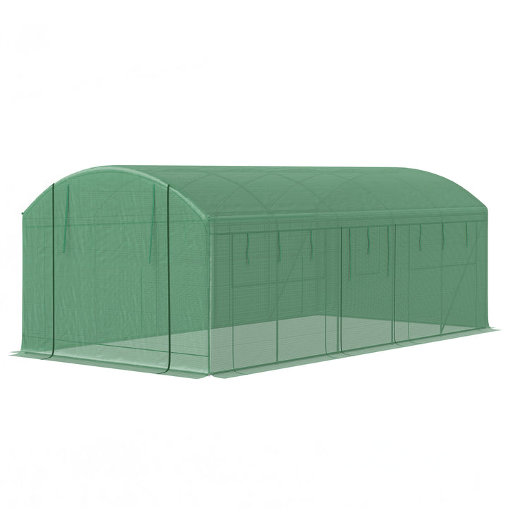 Outsunny 19.5' x 10' x 7.5' Walk-in Tunnel Greenhouse with 3 Roll-Up Doors and Large Mesh Windows, Outdoor Green House, Plant Hot House Tent with Galvanized Steel Frame, Green