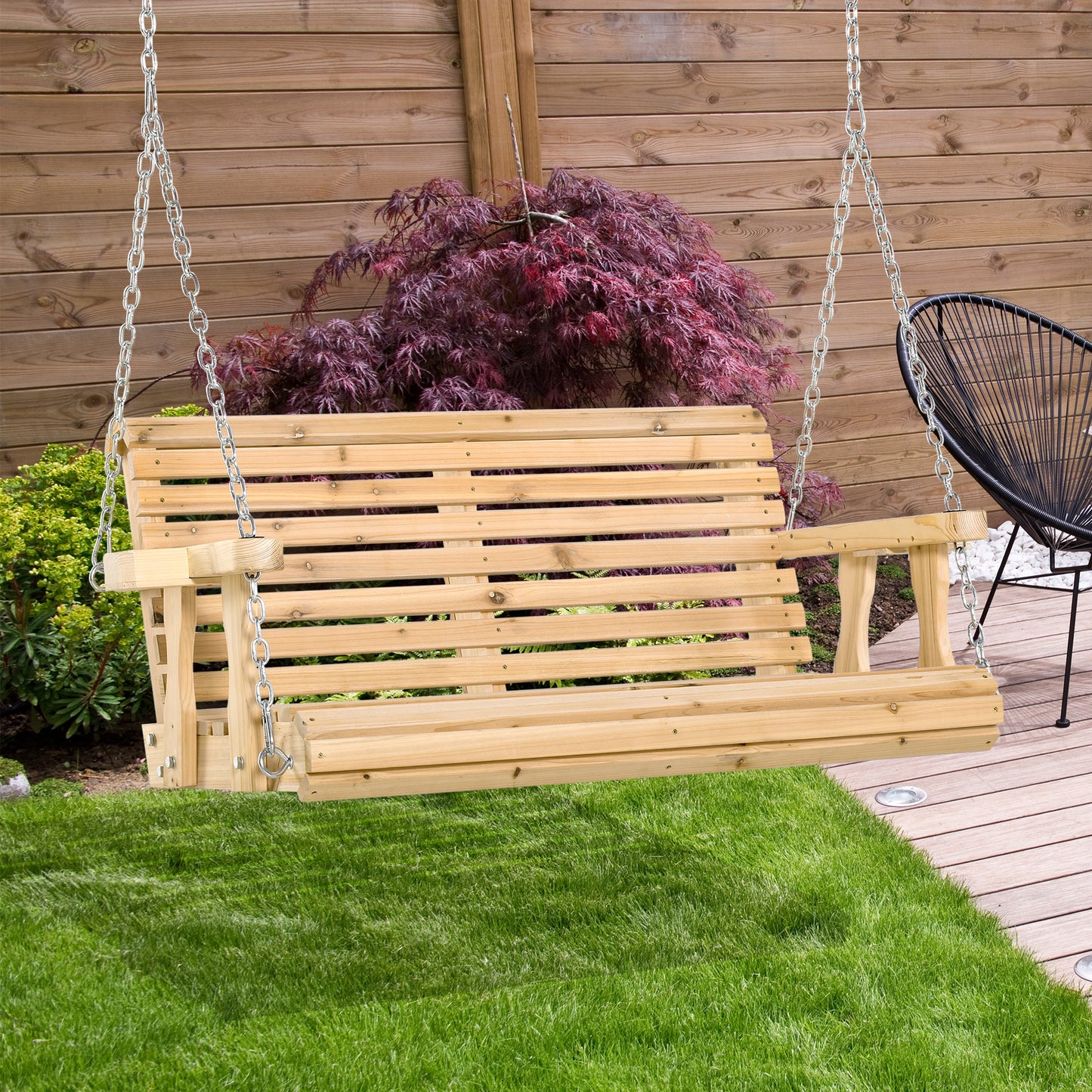 Outsunny 2 Seater Porch Swing Wooden Patio Swing Chair Seat with Cup Holder and Chains Outdoor Swing Bench for Garden Yard, Black