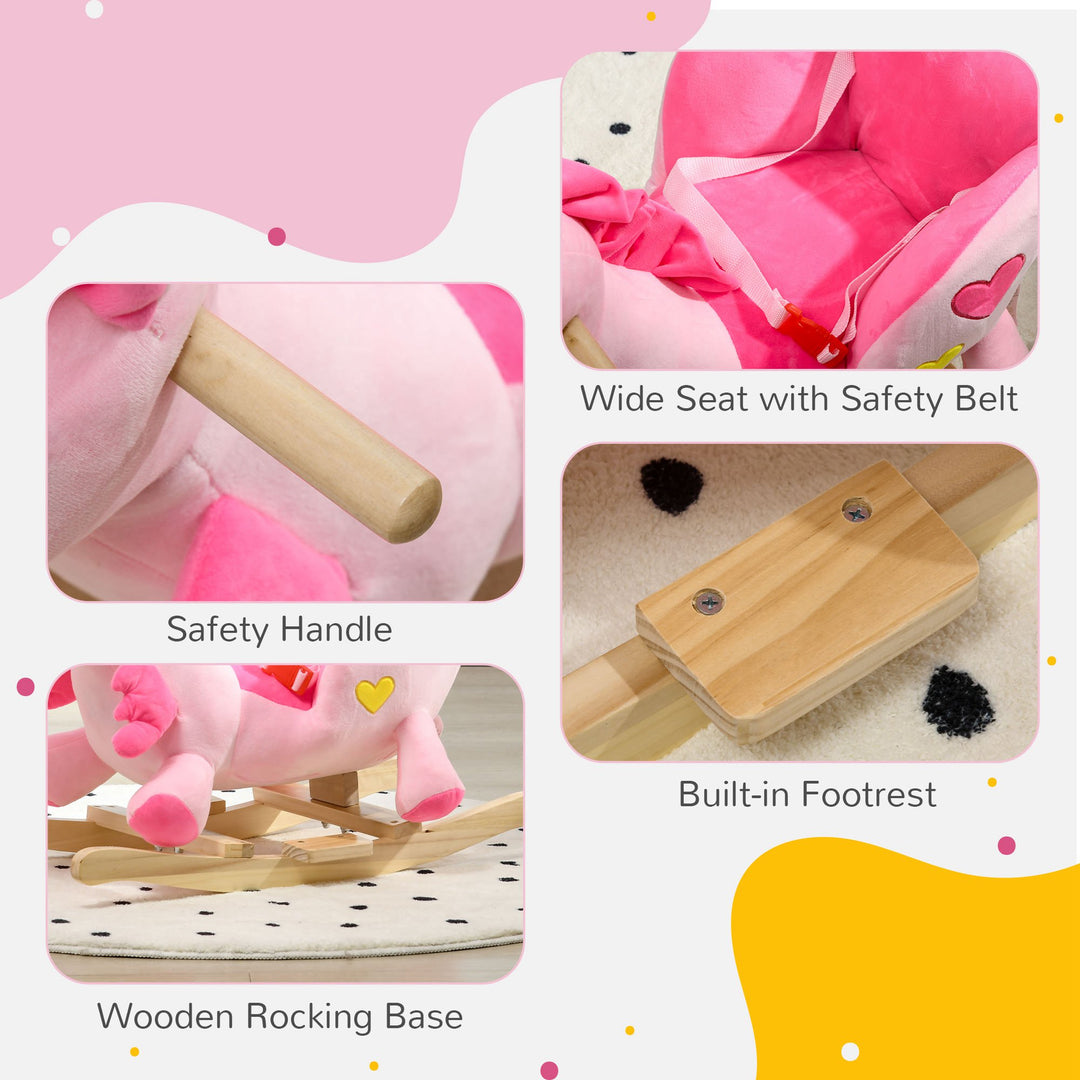 Qaba Baby Rocking Horse Ride On Unicorn with Songs, Toddler Rocker Toy with Wooden Base Seat Safety Belt for 1.5-3 Year Old, Pink