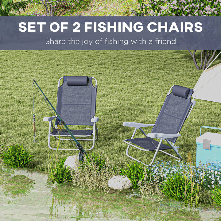 Outsunny Set of 2 Fishing Chairs, Camping Chairs with Adjustable Backrest and Headrest, Folding Chair for Outdoor, Light Grey