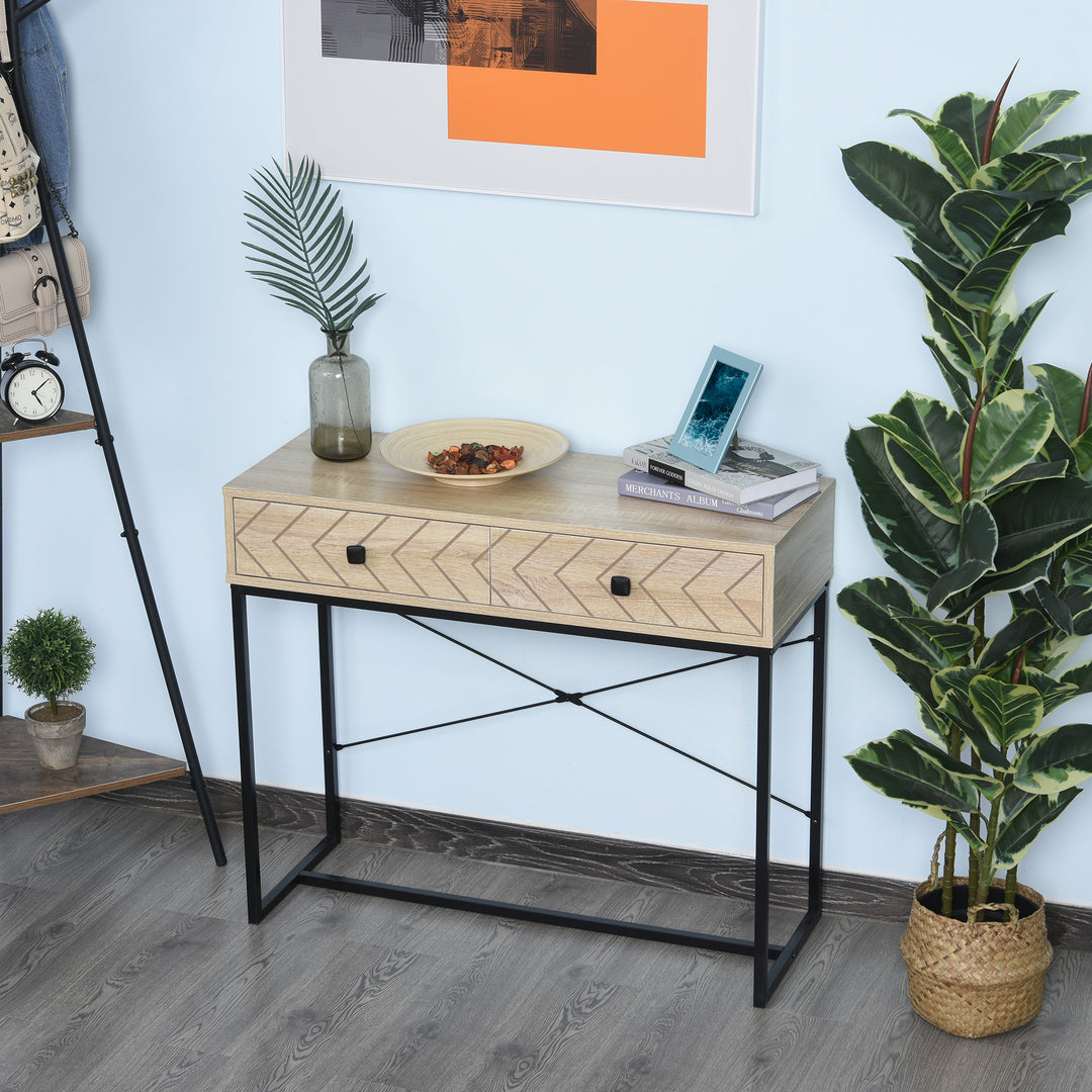 HOMCOM 36" Console Table with 2 Storage Drawers, Narrow Entryway Table with Metal Frame and Back X-Bar for Behind Couch, Living Room, Study Room, Office