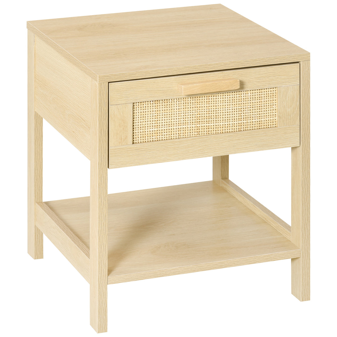 HOMCOM Narrow Nightstand with Rattan Elements, Bedside Table with Drawer and Storage Shelf for Bedroom, Natural