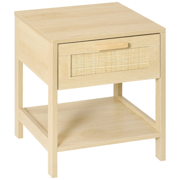 HOMCOM Narrow Nightstand with Rattan Elements, Bedside Table with Drawer and Storage Shelf for Bedroom, Natural