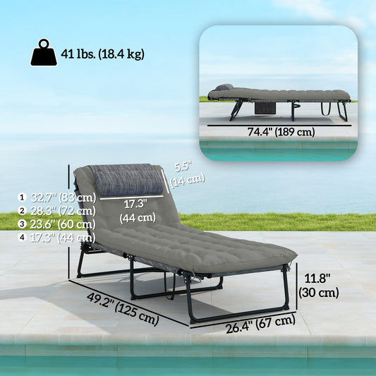 Outsunny 2-Piece Folding Lounge Chairs with Adjustable Backrest, Tanning Chair with Cushion, Side Pocket, Headrest, Grey
