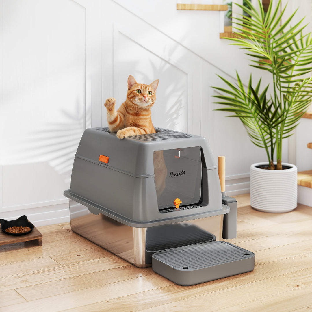 PawHut XL Stainless Steel Cat Litter Box, 80L Kitty Litter Box with Front/Top Entry, Trapping Step, Scoop, for Large Big Cats