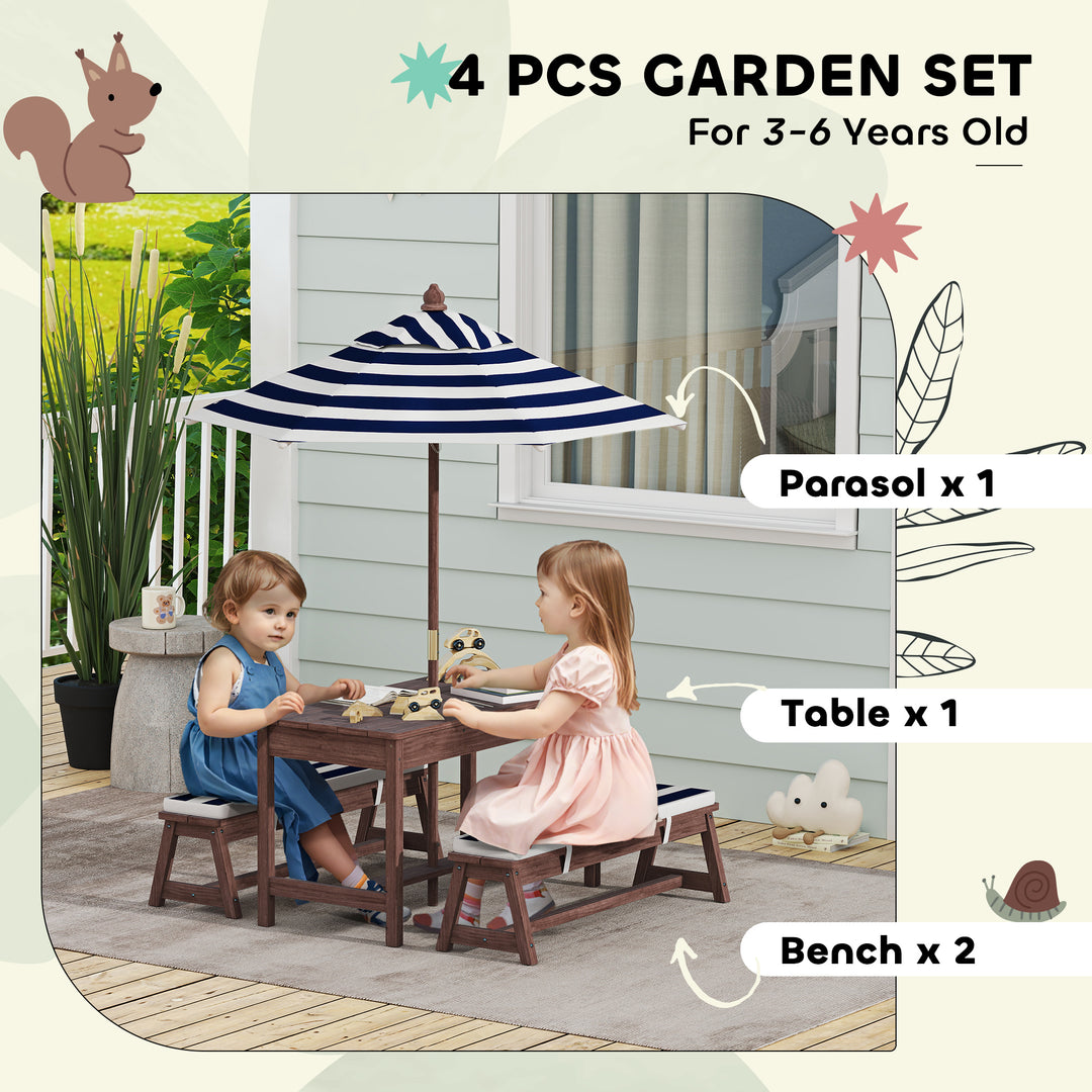 Qaba Wooden Kids Picnic Table & Bench Set with Removable Umbrella, Cushions, for Garden, Backyard, Patio, Navy Blue