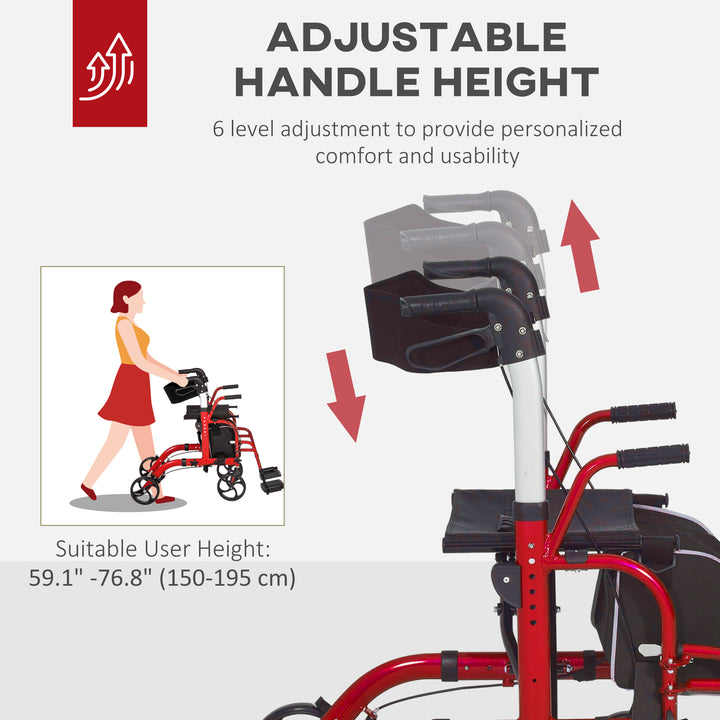 HOMCOM Rollator Walker with Seat, Folding Rolling Walker with 8" Wheels, Walker for Seniors with Adjustable Height, Red