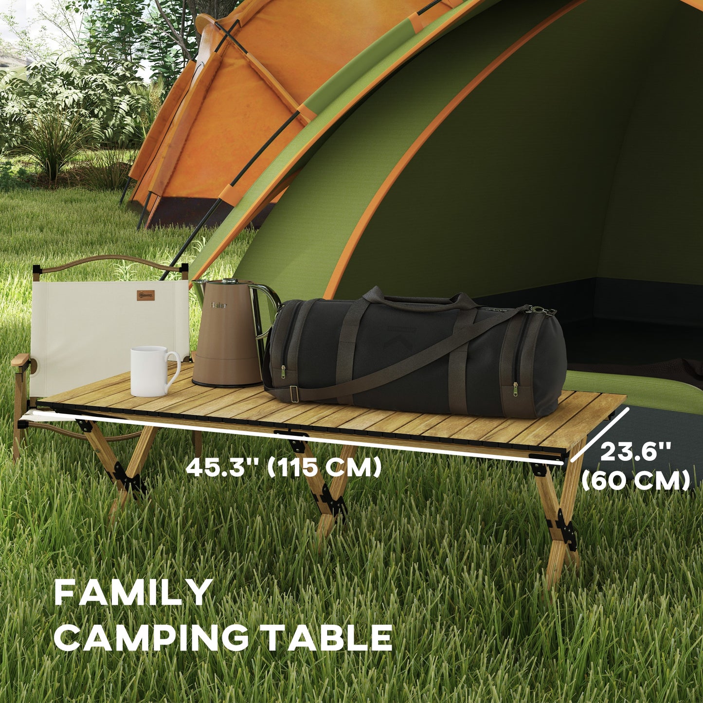 Outsunny Folding Picnic Table, Portable Aluminum Camping Table with Roll-Up Top for Party, BBQ, Beach, Natural