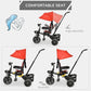 Qaba Tricycle for Toddler 4 in 1 Kids Trike with Reversible Adjustable Seat, Baby Push Bike with Removable Handle, Canopy, Belt Storage Brake Clutch for 1-5 Years, Red