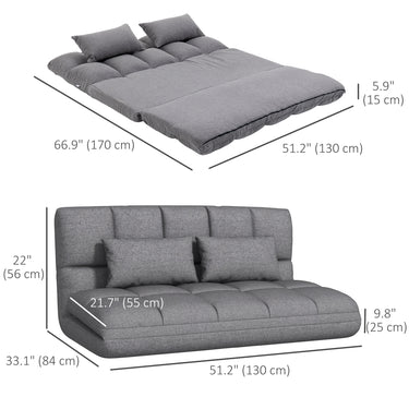 HOMCOM 51" Folding Floor Sofa, Foldable 2-Seater Lazy Sofa Sleeper Bed, Adjustable Linen Floor Couch with 9-position Backrest, 2 Pillows and Wide Seat for Living Room, Grey