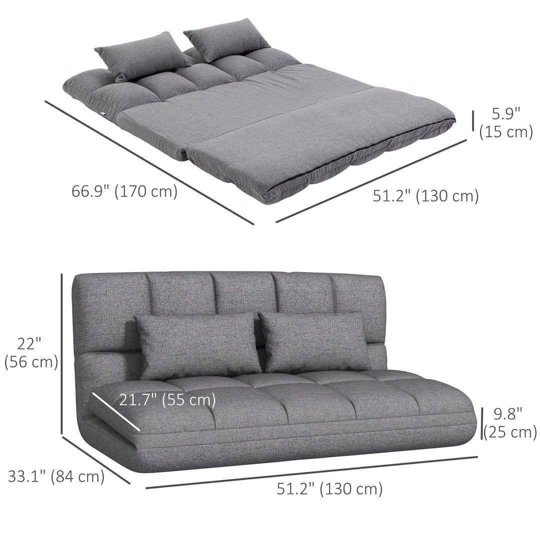 HOMCOM 51" Folding Floor Sofa, Foldable 2-Seater Lazy Sofa Sleeper Bed, Adjustable Linen Floor Couch with 9-position Backrest, 2 Pillows and Wide Seat for Living Room, Grey