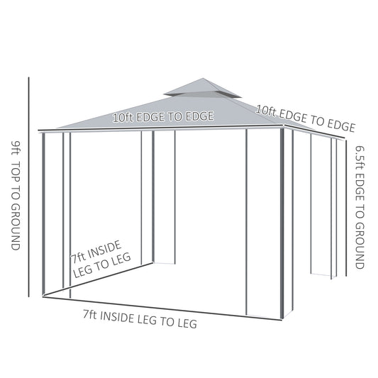 Outsunny 10' x 10' Steel Outdoor Patio Gazebo Canopy with Removable Mesh Curtains, Display Shelves, & Steel Frame, Grey