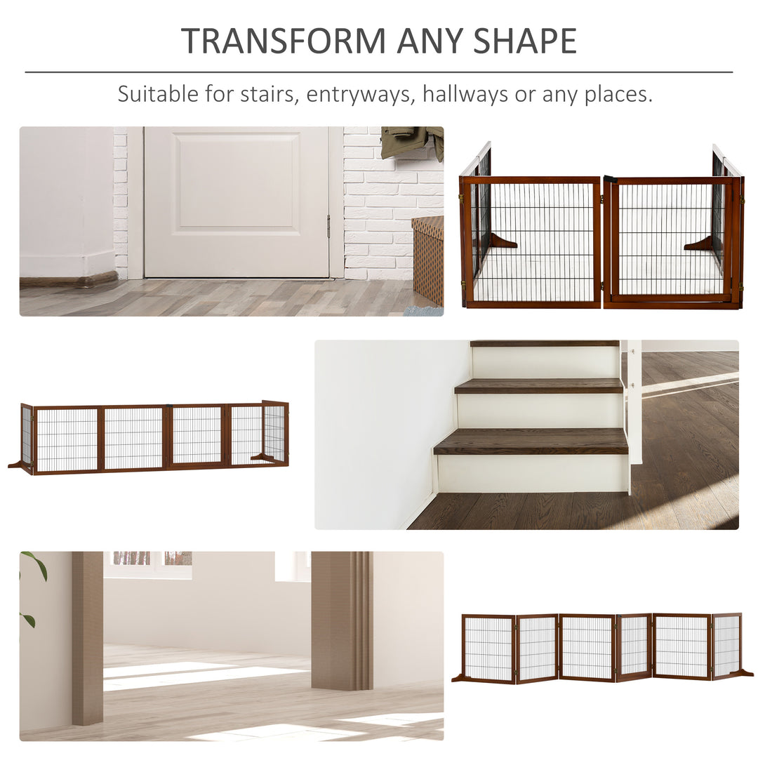 PawHut Wooden Pet Gate, Dog Safety Barrier, Freestanding Foldable Fence, w/ 6 Panels, 2 Support Feet, for House Doorway Stairs, Small & Medium Dogs, Coffee