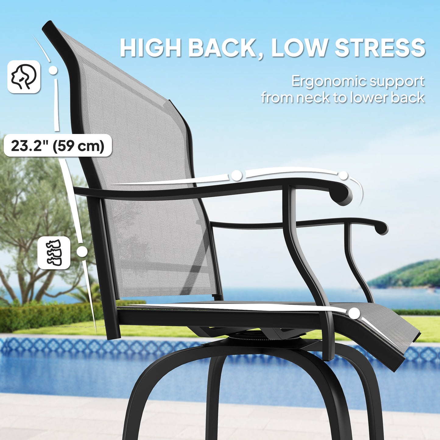 Outsunny Outdoor Bar Stools Set of 2, Swivel Bar Height Chairs with High Back, Curved Armrests and Steel Frame, Black
