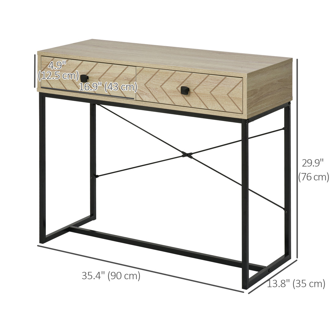 HOMCOM 36" Console Table with 2 Storage Drawers, Narrow Entryway Table with Metal Frame and Back X-Bar for Behind Couch, Living Room, Study Room, Office