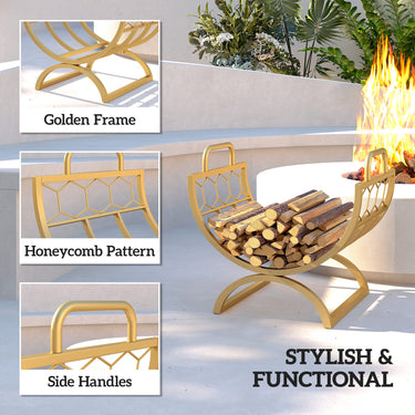 Outsunny Firewood Rack Outdoor, Heavy Duty Log Holder with Handles for Indoor Outdoor Fireplace Storage 18" x 14" x 16", Gold