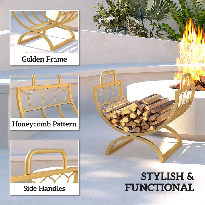 Outsunny Firewood Rack Outdoor, Heavy Duty Log Holder with Handles for Indoor Outdoor Fireplace Storage 18" x 14" x 16", Gold