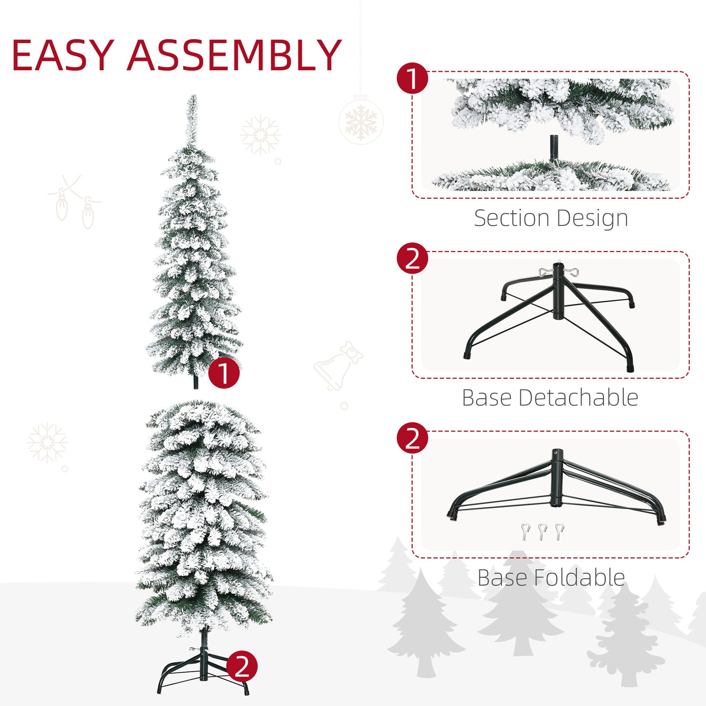 HOMCOM 6 Ft Snow-Flocked Artificial Christmas Tree, Slim Pencil Xmas Tree with Realistic Branches, Metal Base, Green