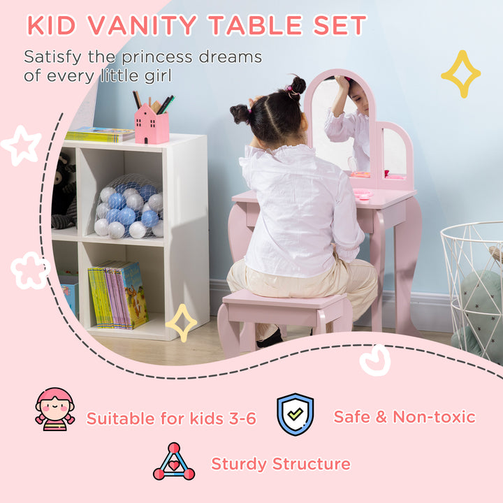 Qaba Kids Dressing Table and Chair Set, Girls Dressing Set, Makeup Desk with Drawer for 3-6 Years Old Kids, Pink