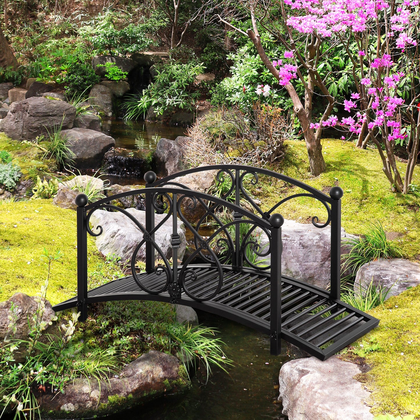 Outsunny Garden Bridge 3.3FT, Decorative Classic Backyard Pond Bridge with Safety Railings Brown