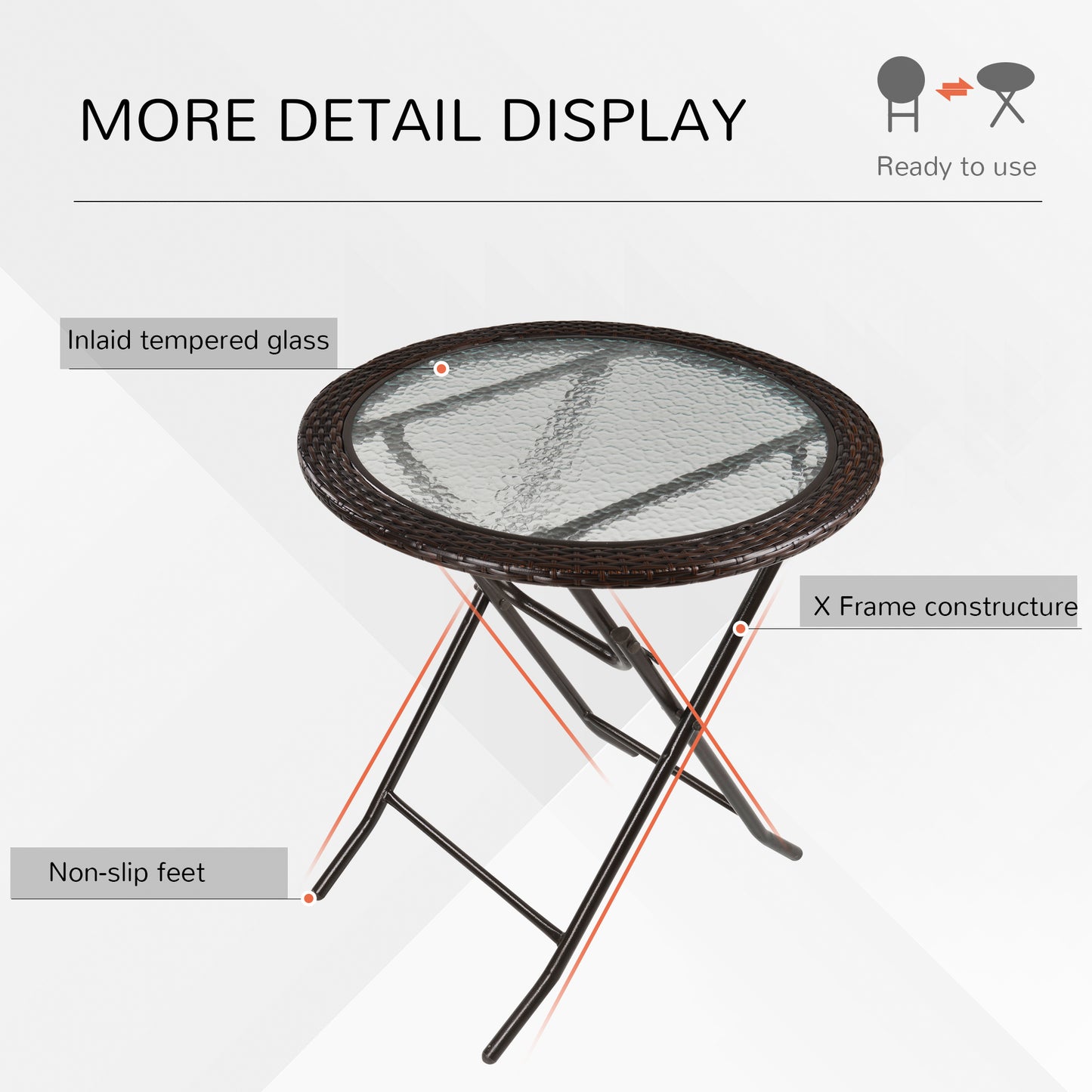 Outsunny 26.8" Dia. (68 Dia. cm) Folding Round Tempered Glass Metal Table with Brown Rattan Edging, Brown