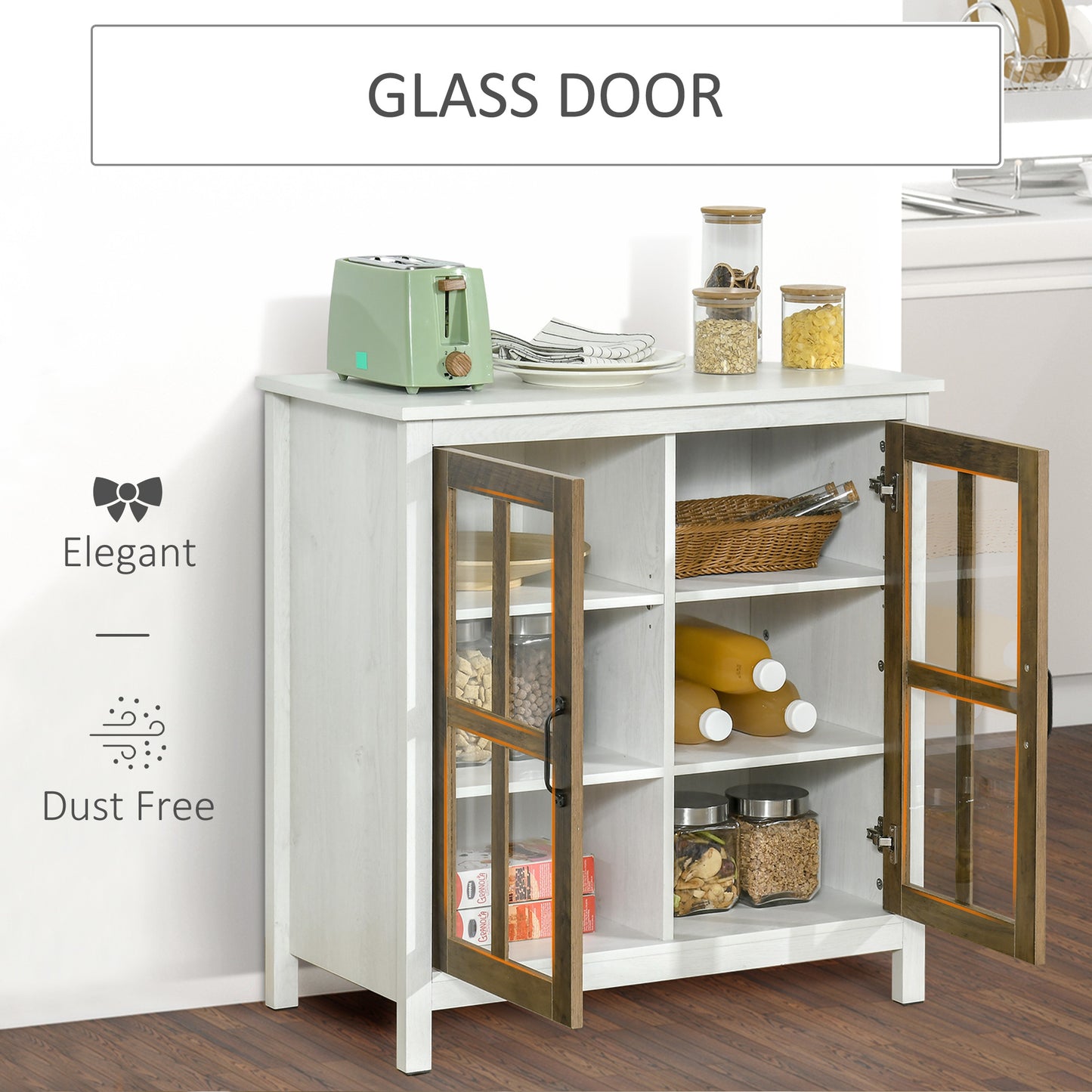HOMCOM Kitchen Sideboard, Glass Door Buffet Cabinet, Accent Storage Cabinet with 2 Glass Doors and Adjustable Shelf for Dining Room, Living Room, Black Wood Grain