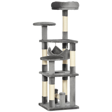 PawHut 52" Multi-Level Cat Tree Tower, Kitten Scratcher Activity Center Play House with Hammock - Grey