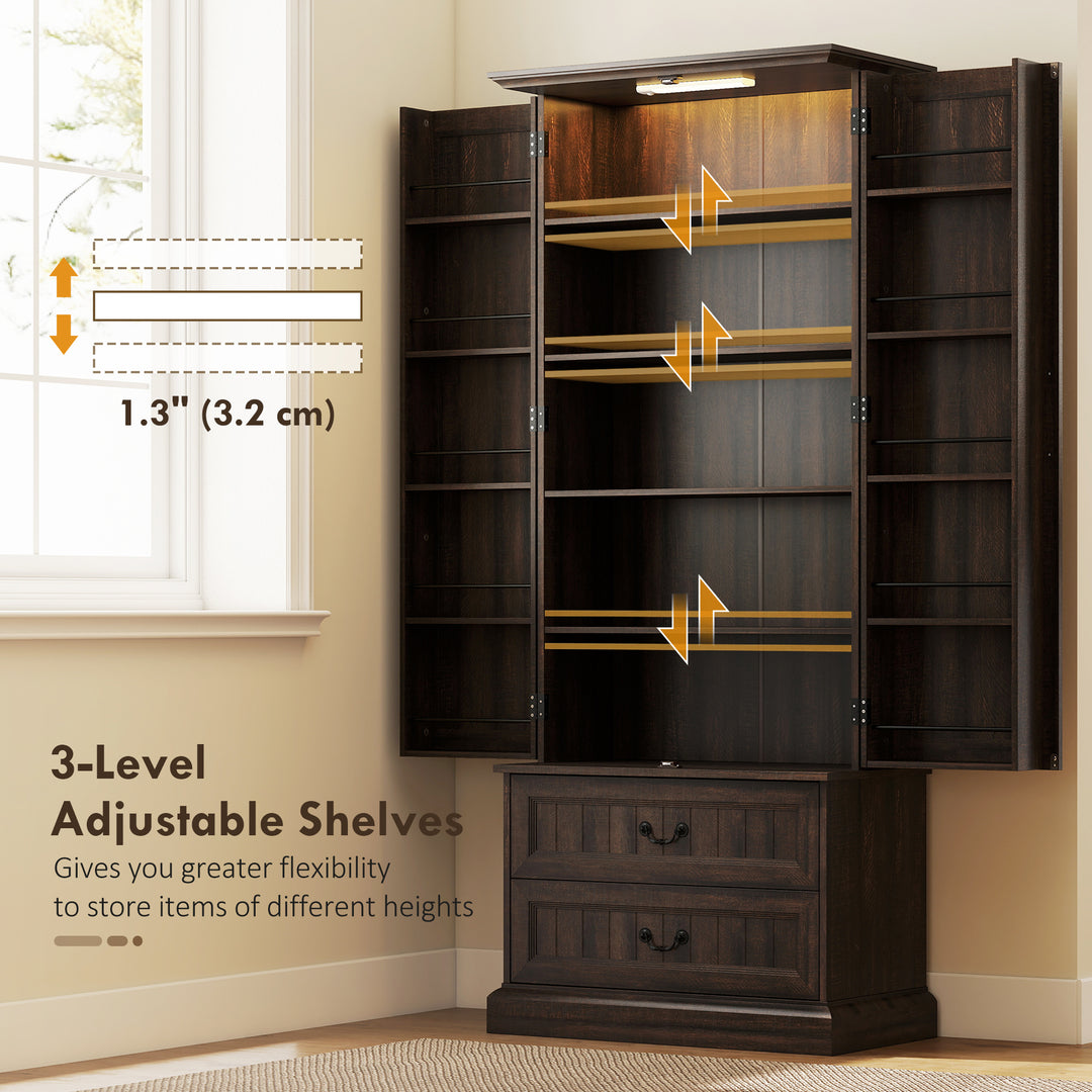 HOMCOM 72" LED Kitchen Pantry Cabinet, Buffet Storage Cabinet with 10 Door Shelves, 2 Drawers and Adjustable Shelves, White