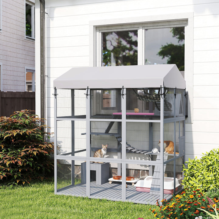 PawHut 81"H Catio Outdoor with Floor to Prevent Escaping & Easy Cleaning, for 2-4 Cats Kittens, Grey