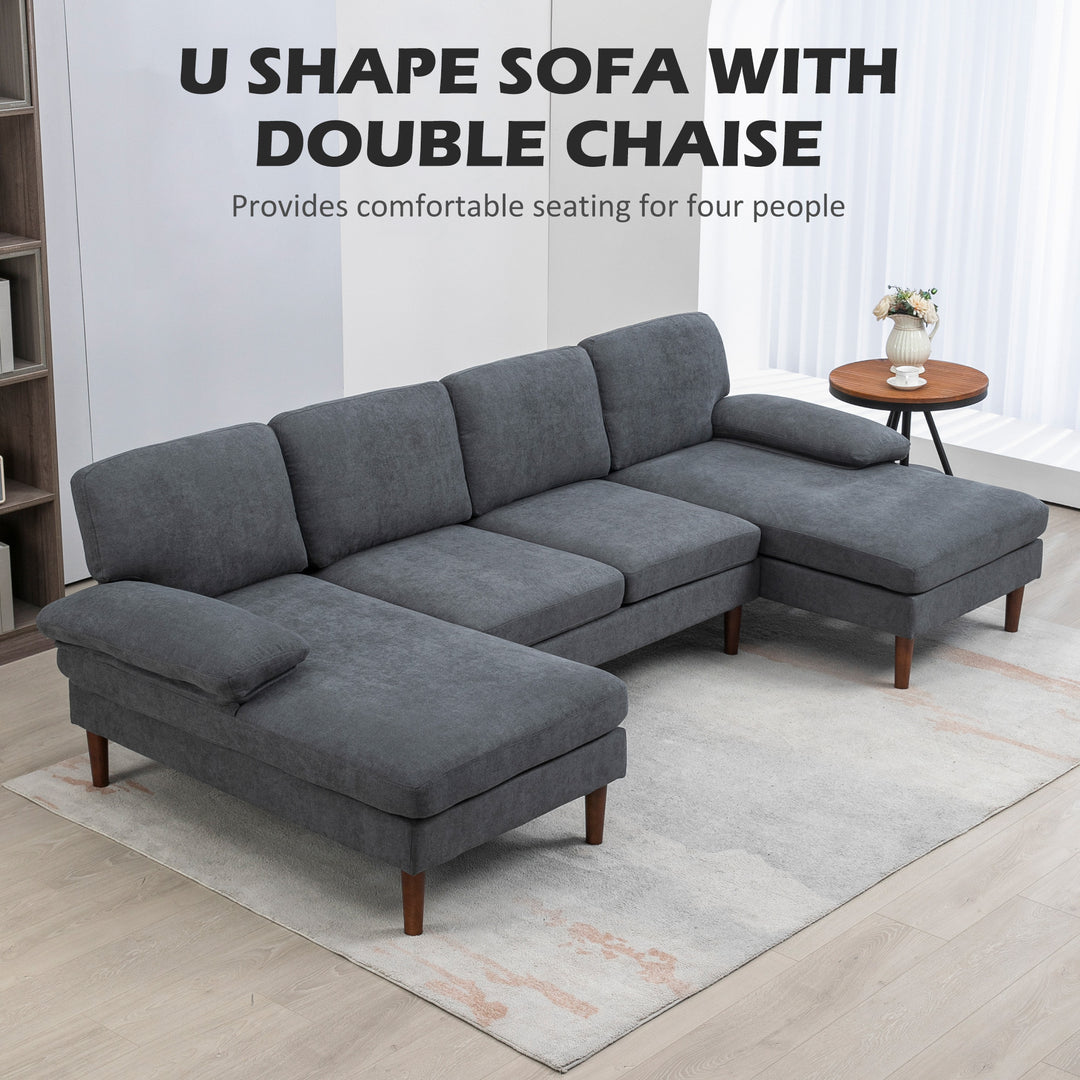 HOMCOM U Shape Couch with Double Chaise Lounge, Modern 4 Seater Sofa with Wooden Legs, Fabric Sofa for Living Room, Dark Grey