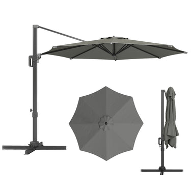 Outsunny 10' Offset Patio Umbrella Cantilever Umbrella with Aluminium Pole 360° Rotation and Tilt Adjustment, Grey