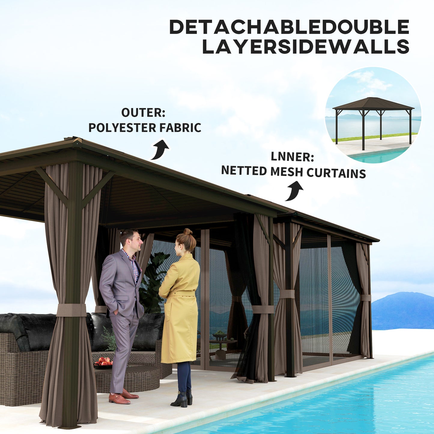 Outsunny 10' x 12' Deluxe Hardtop Gazebo Aluminum Frame Patio Gazebo Garden Sun Shelter Outdoor Pavilion, Coffee