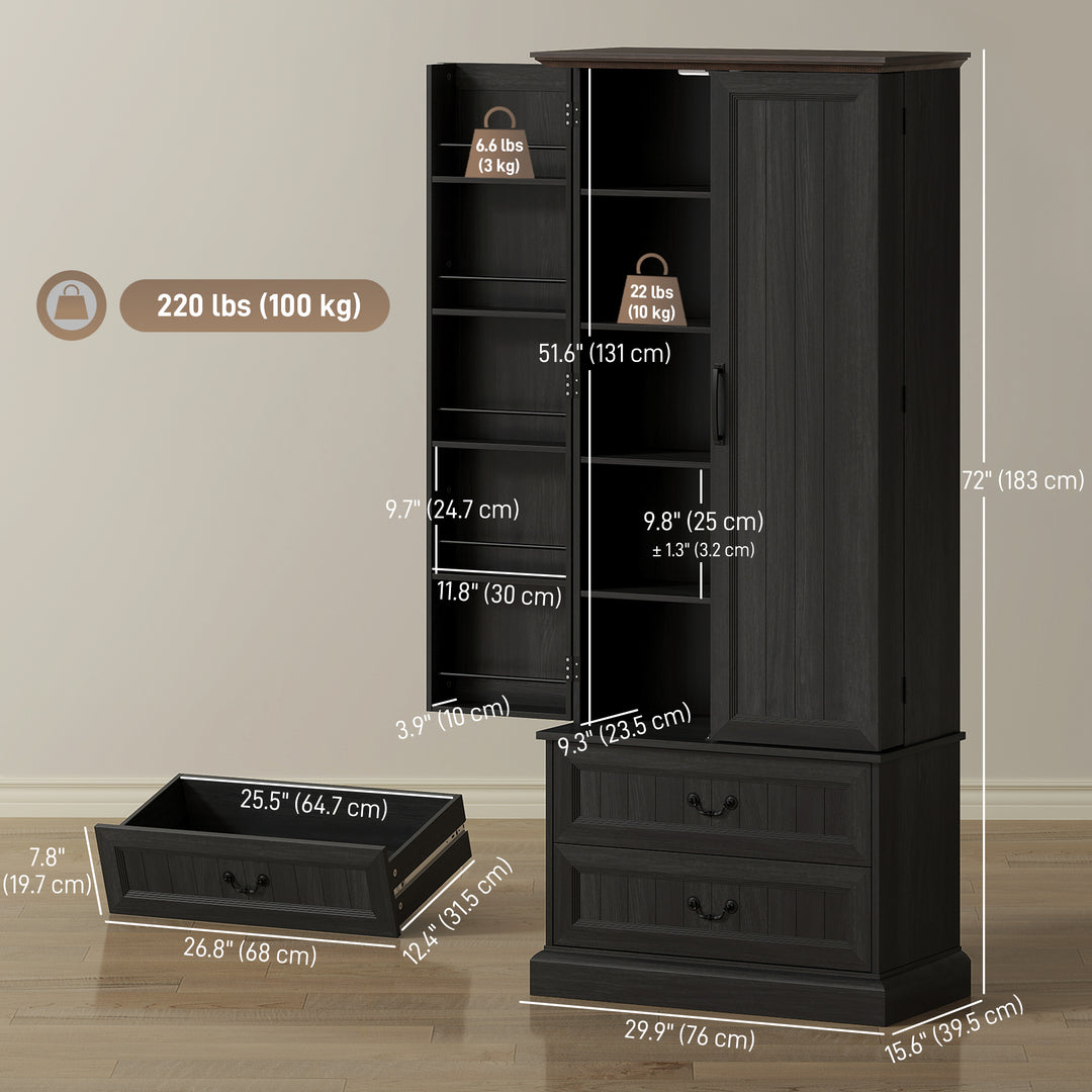 HOMCOM 72" LED Kitchen Pantry Cabinet, Buffet Storage Cabinet with 10 Door Shelves, 2 Drawers and Adjustable Shelves, White