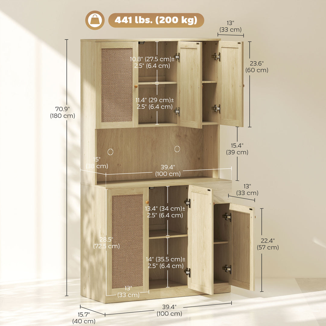 HOMCOM Kitchen Hutch with Microwave Countertop, 71" Boho Kitchen Pantry Cabinet with Decorative Rattan Doors, Natural