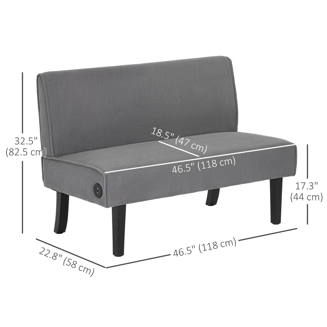 HOMCOM 46.5" Loveseat Couch with USB Ports, Corduroy Love Seat Sofa with Wood Legs for Living Room, Bedroom, Small Space, Grey
