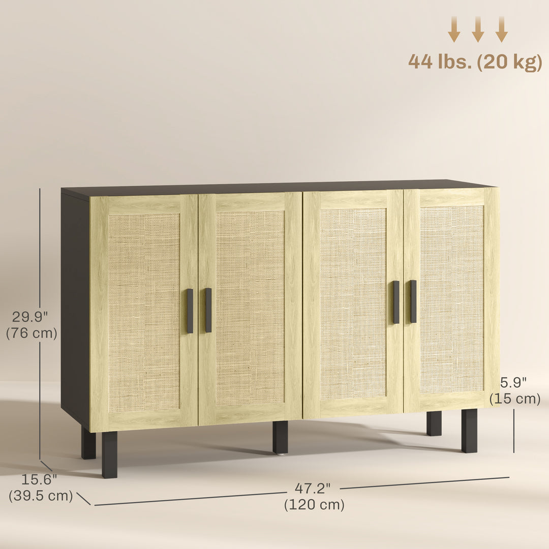 HOMCOM Boho Sideboard Buffet Cabinet, Storage Cabinet with 4 Rattan Doors and Adjustable Shelves, Black