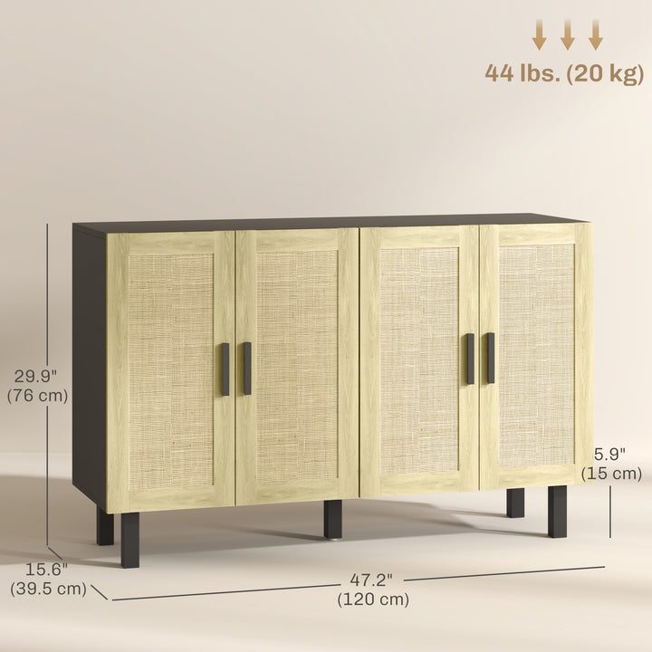 HOMCOM Boho Sideboard Buffet Cabinet, Storage Cabinet with 4 Rattan Doors and Adjustable Shelves, Black