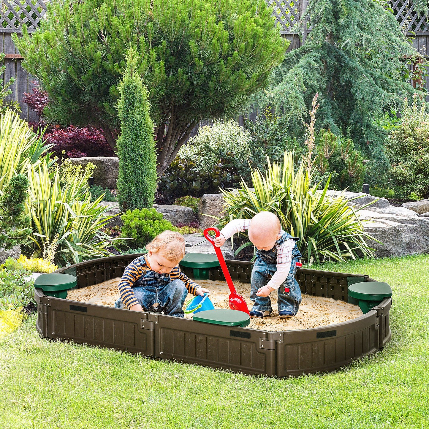 Outsunny Kids Sandbox with Cover, Seat, Sandbox Outdoor for Backyard, Brown