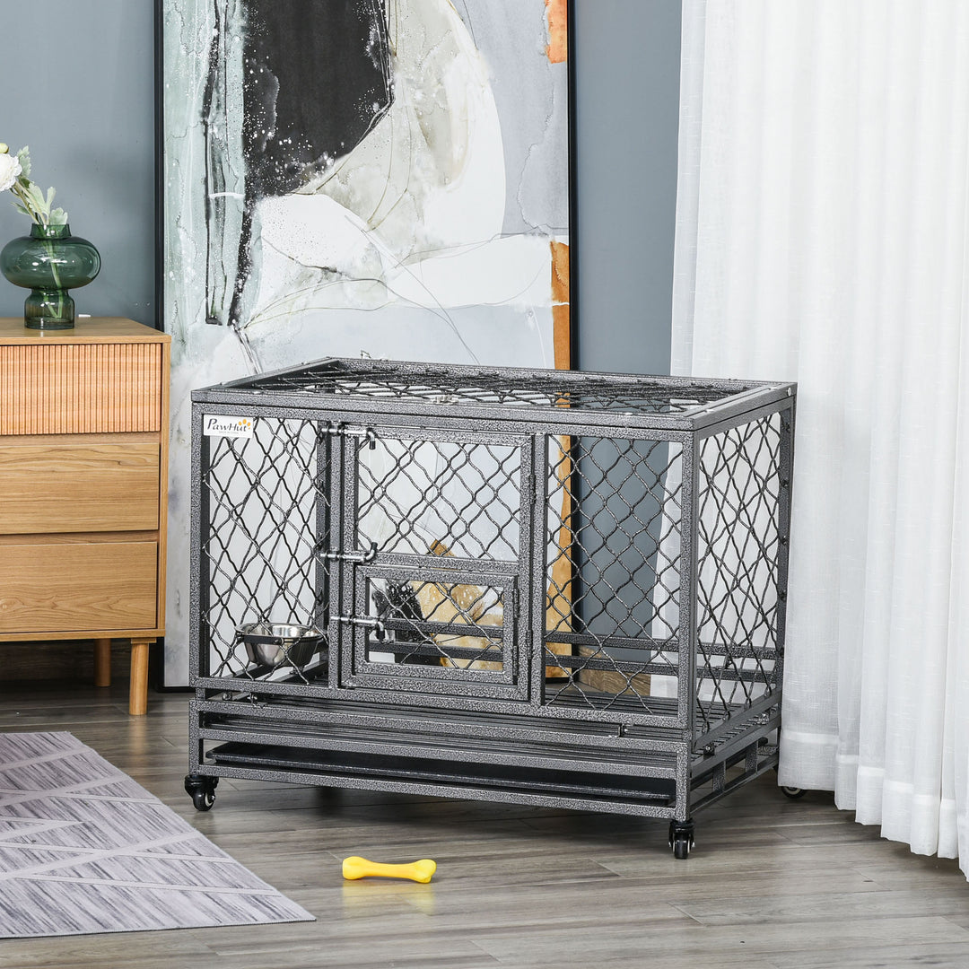 PawHut Heavy Duty Dog Crate w/ Wheels, Openable Top, Removable Tray, Bowl, for Large Dogs-Sized Dogs, 36.4" x 24.4" x 31.1"