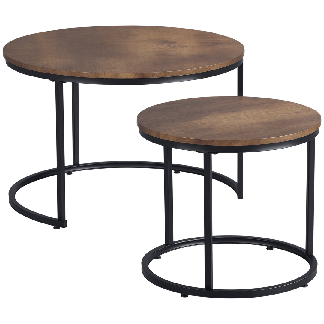 HOMCOM Nesting Coffee Tables Set of 2, Round Coffee Table with Metal Frame, Living Room Tables, Grey Wood Grain